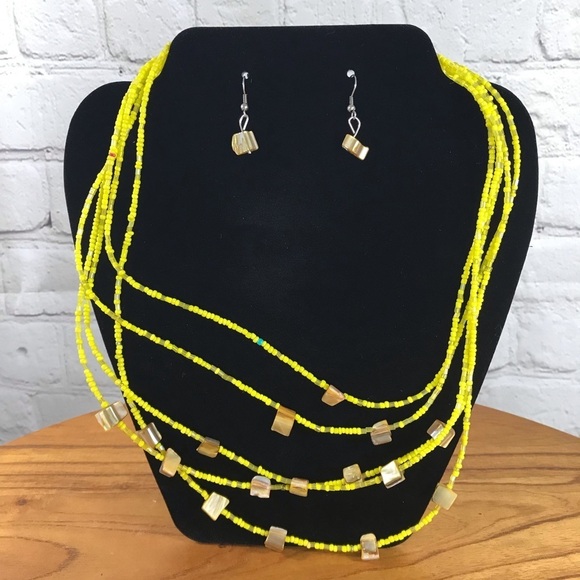 Jewelry - Yellow & Iridescent Beaded Necklace and Dangle Earring Set
